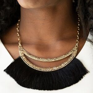 Gold with Black Thread Fringe Necklace and Earrings Set